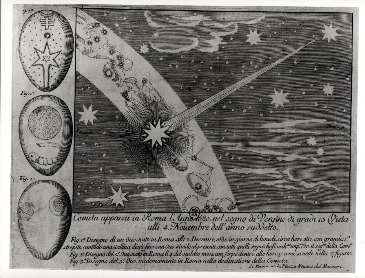Diagrama astrológico do cometa que apareceu em Roma durante a Virgem e permaneceu visível até novembro de 1680 de Italian School