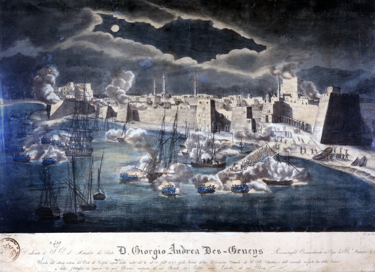 Ataque da Marinha da Sardenha ao porto de Trípoli durante operações contra a pirataria bárbara em 1825. de Italian School