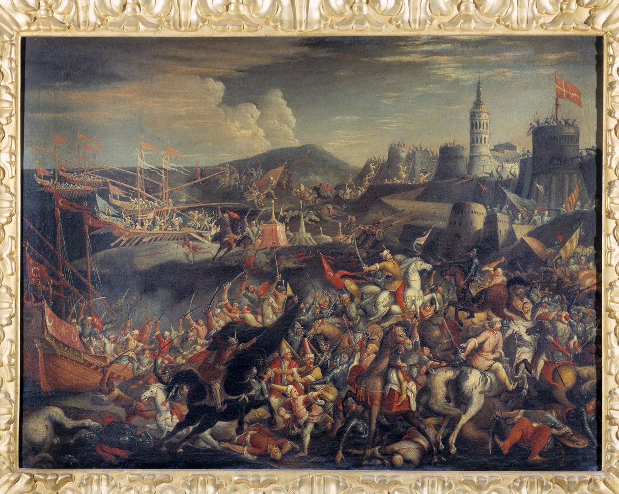 Ataque dos sarracenos na ilha de Malta, defendida pelos Cavaleiros Hospitalários em 1565 de Italian School