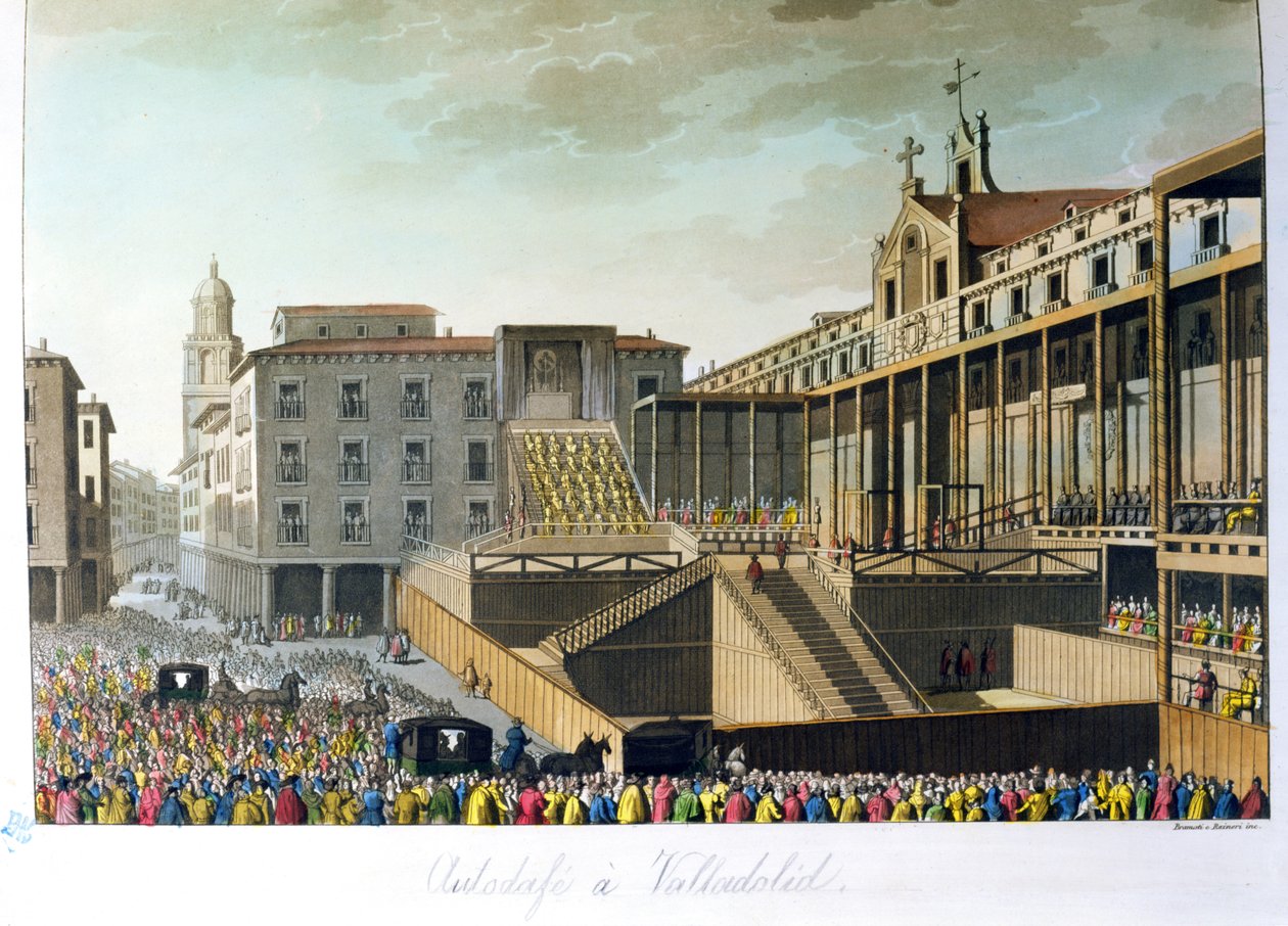 Auto da Fé em Valladolid, de Le Costume Ancien et Moderne por Jules Ferrario, gravado por Bramati e Raineri, publicado em Milão, c.1820 de Italian School