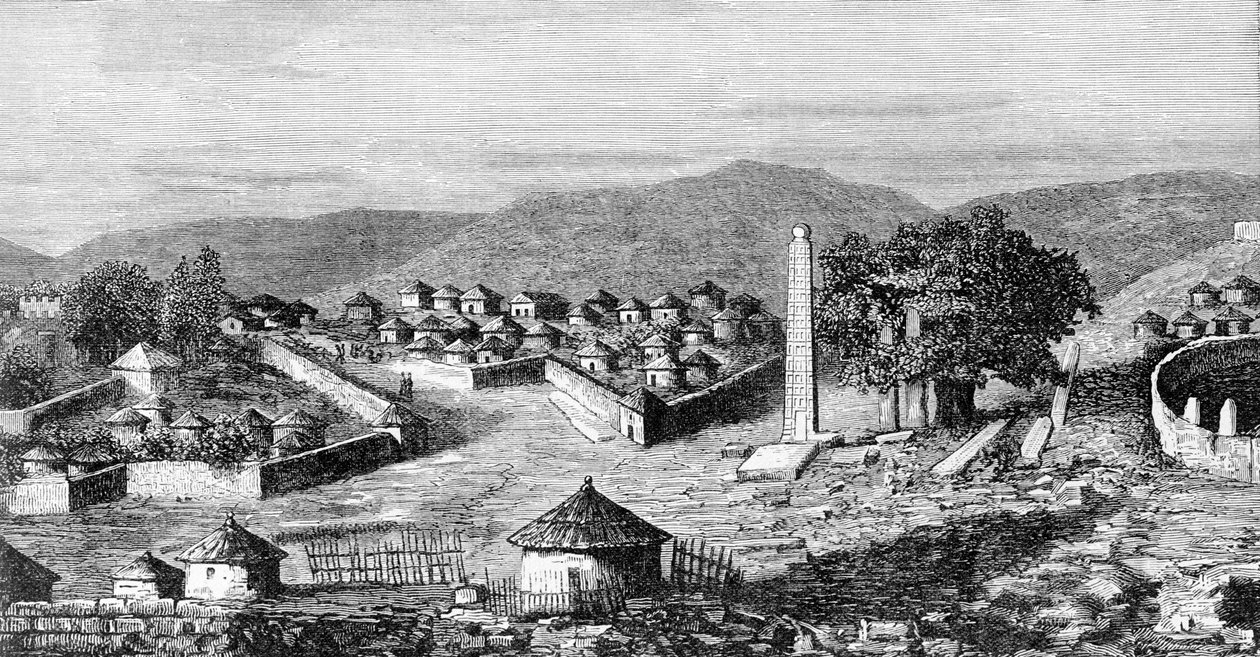 Axoum (Aksoum), a capital religiosa da Etiópia, por volta de 1850. De um desenho do explorador Gustavo Bianchi. de Italian School