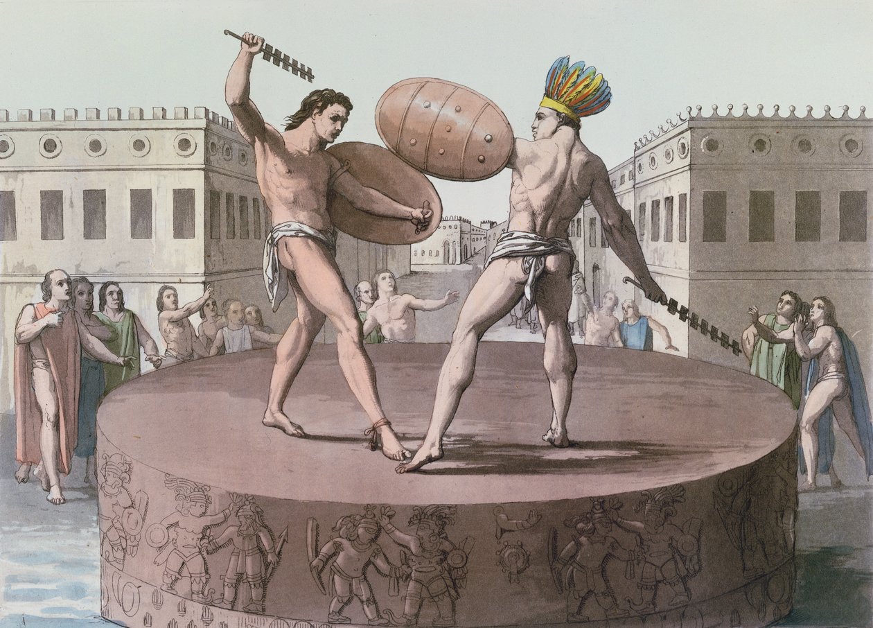 Guerreiros astecas em combate em um Cuauhxicalli, c.1820 de Italian School