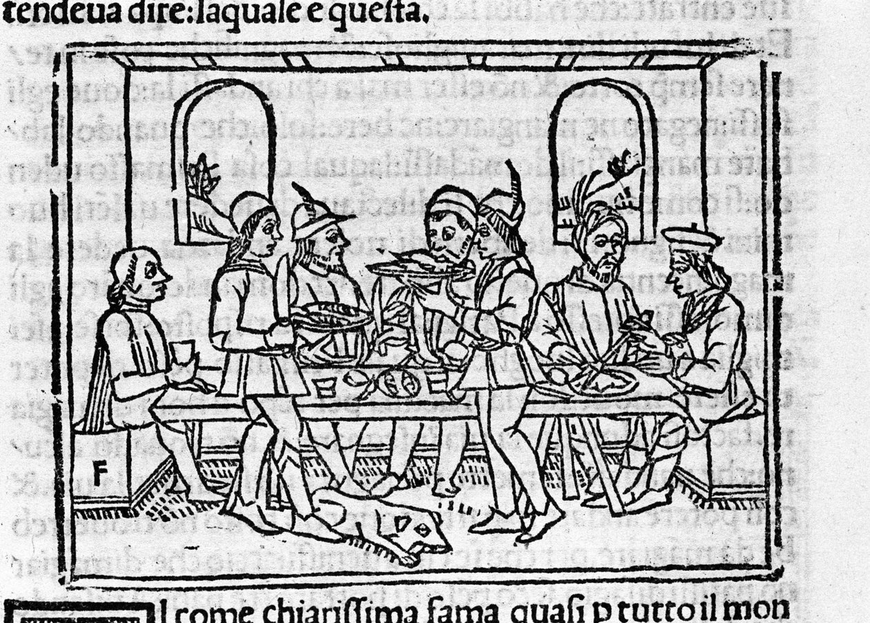 Cena de banquete na presença de membros da nobreza florentina. Ilustração para o "Decameron" de Giovanni Boccaccio dit Jean Boccace (1313-1375), escritor italiano. Gravura em "Decamerone ouer Cento nouelle" Veneza, Bartolomeo de 