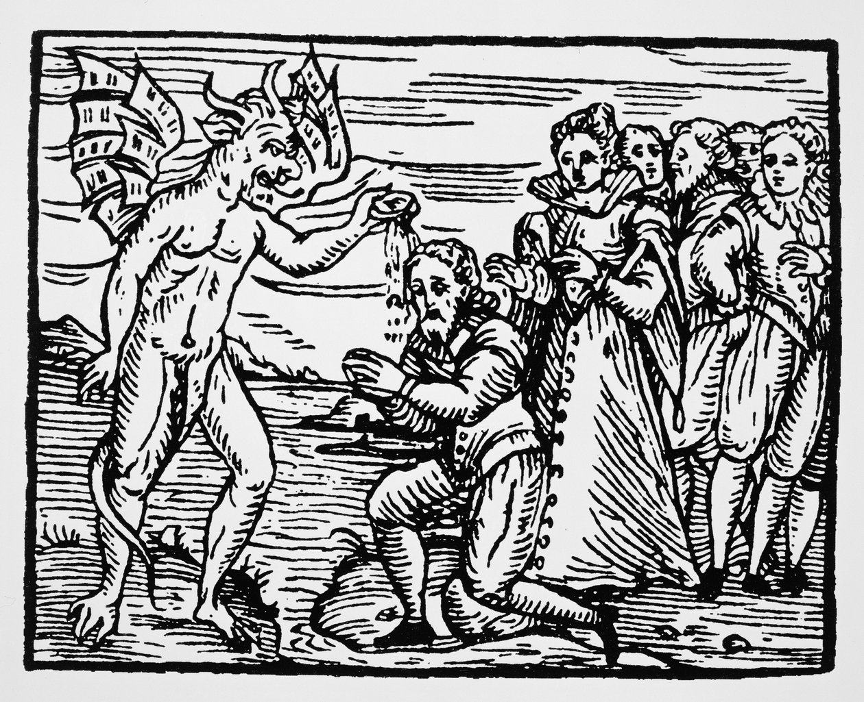 Batismo pelo Diabo, cópia de uma ilustração do Compendium Maleficarum pelo Pe. M. Guaccius, Milão 1608, usado em História da Magia, publicado no final do século XIX. de Italian School