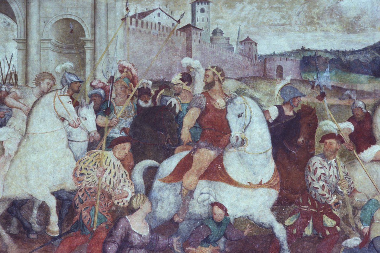 Cena de batalha fora das muralhas da cidade, década de 1460 (fresco) de Italian School