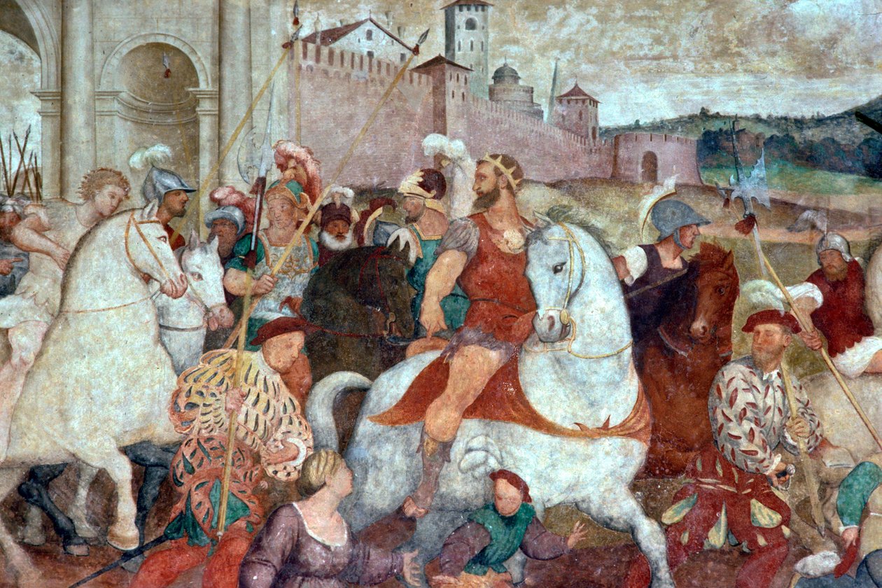 Cena de batalha fora das muralhas da cidade, c.1460s (fresco) de Italian School