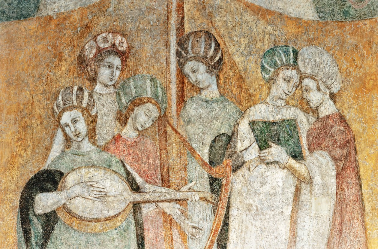 Bicocca degli Arcimboldi: fresco do século XV, detalhe de mulheres a tocar música (fresco) de Italian School