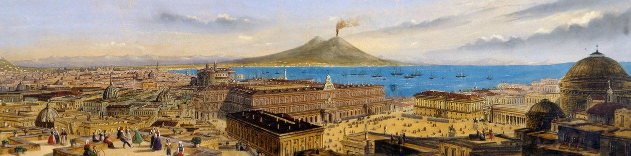 Vista aérea do Palácio Real e da Piazza Plebiscito em Nápoles, Itália de Italian School