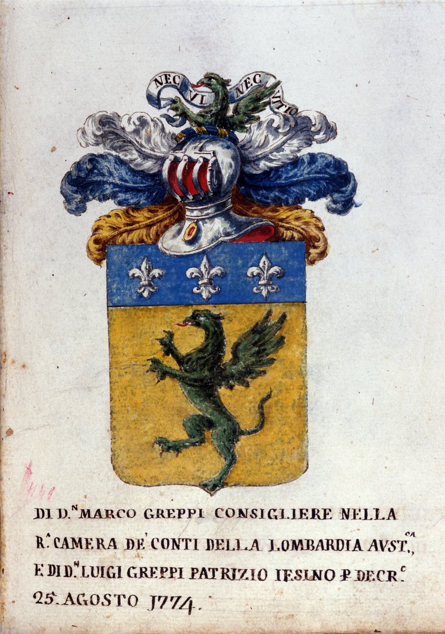 Brasão da família Greppi de Milão, capacete de armadura, flor-de-lis e dragão. Arquivo do Estado de Milão do século XVIII de Italian School