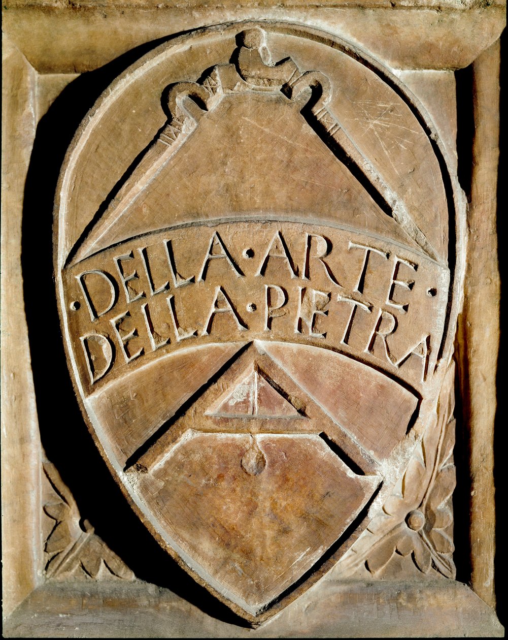 Blazon da congregação dos trabalhadores de pedra. Uma bússola e uma praça estão representadas. Siena do século XIV, Biblioteca degli Intronati de Italian School