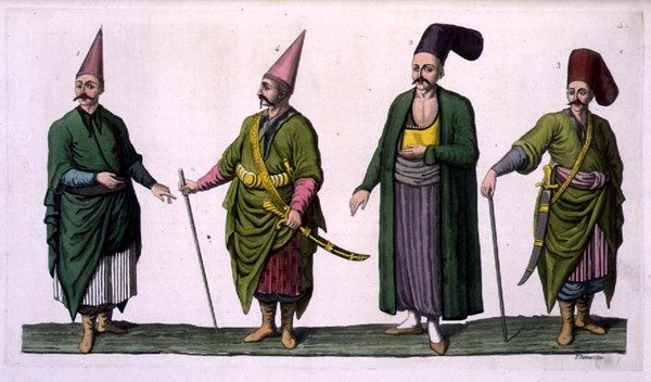 Bostandji, Khasseki e outros exemplos de fantasia otomana, placa 5 da Parte III, Volume I de "A História das Nações", gravado por V. Raineri (aquatint) de Italian School