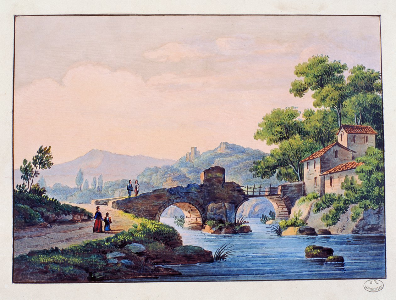 Ponte sobre um rio, paisagem italiana de Italian School