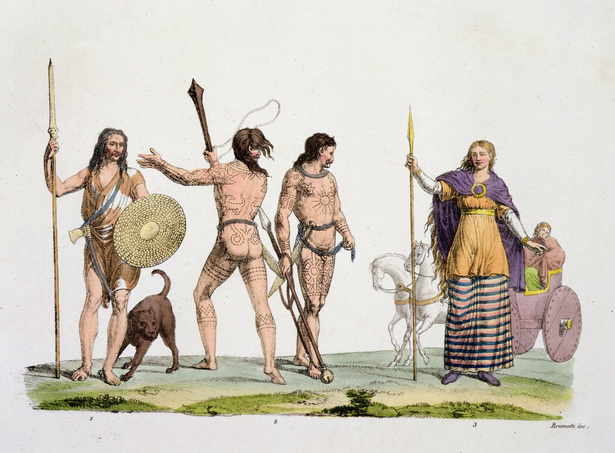 Britânicos, Caledonianos e Rainha Boadicea, placa 4 da História das Nações (aquatint) de Italian School
