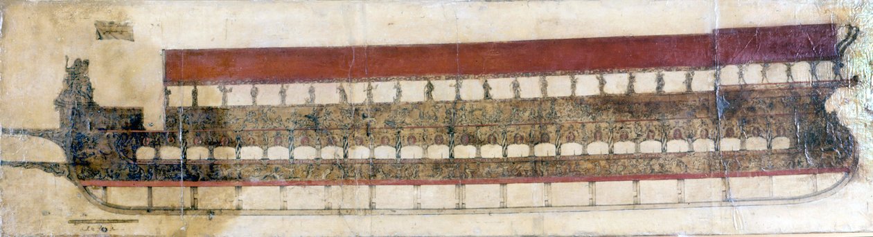 Bucentauro (BUCENTORO), uma galera cerimonial veneziana usada todos os anos pelos Doges de Veneza no Dia da Ascensão. Ele jogou um anel de ouro no mar naquela ocasião, simbolizando seus casamentos com o mar. 1719. de Italian School