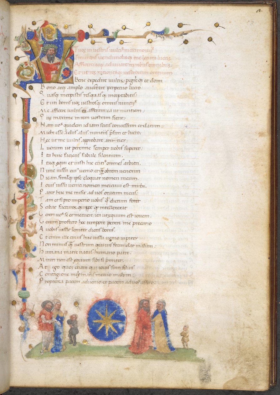 Burney 227 f.3 Um membro da família Stella de Verona: os braços da família: azure, uma estrela de oito pontas, de "Amphitruo, Oito comédias com prólogos e argumentos" de Titus Maccius Plautus, c.1440 (tinta, cor e ouro sobre velino) de Italian School