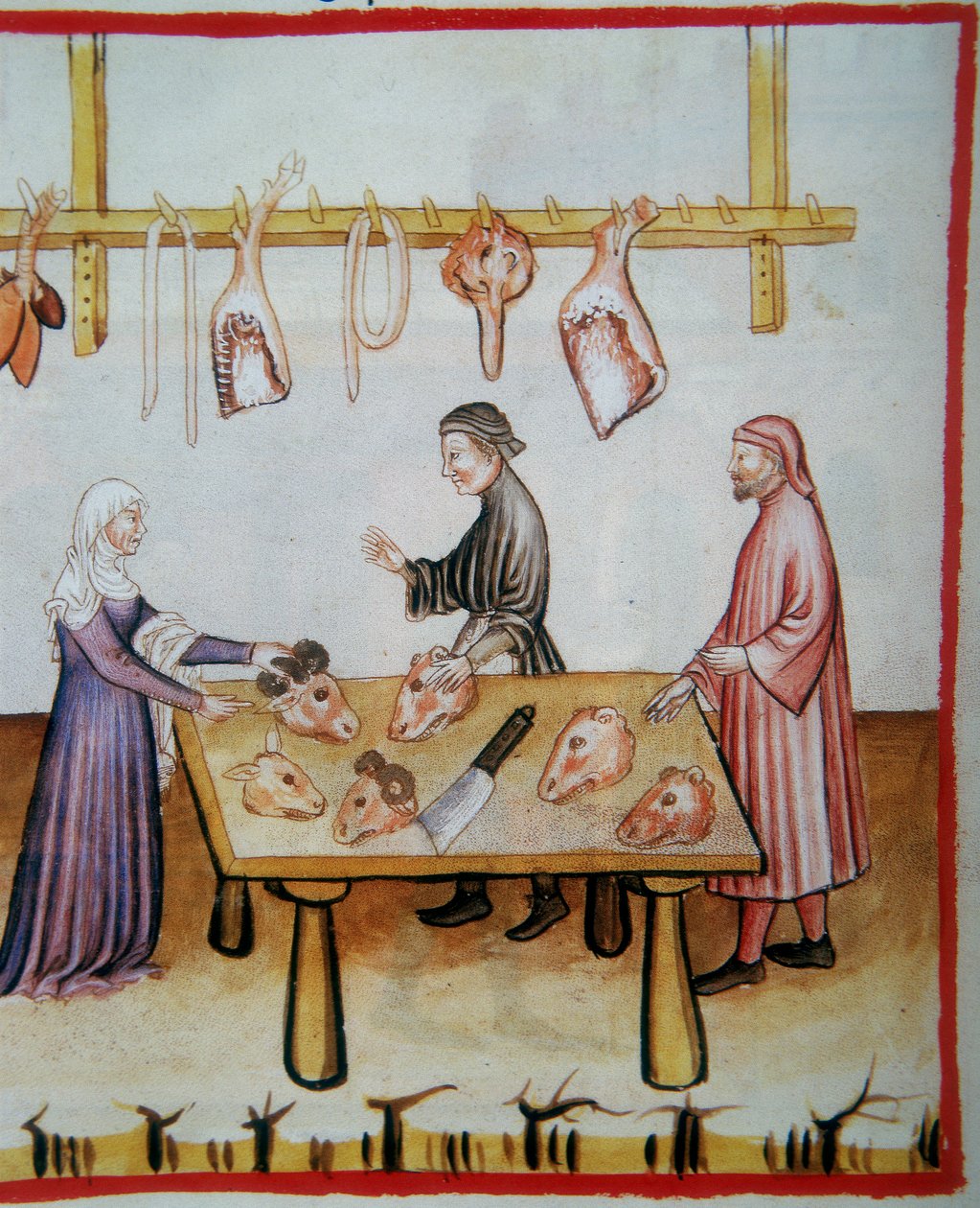 Massacrando cabeças de animais. Iluminação do Codex Vindobonensis Série Nova 2644 (fol.76v), Tacuinum Sanitatis de Italian School