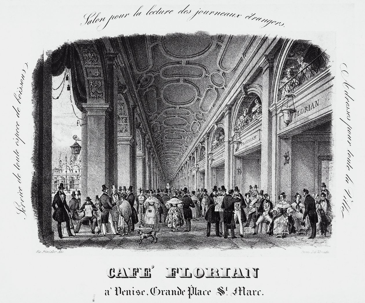 Caffe Florian na Piazza San Marco em Veneza, gravura, Itália de Italian School