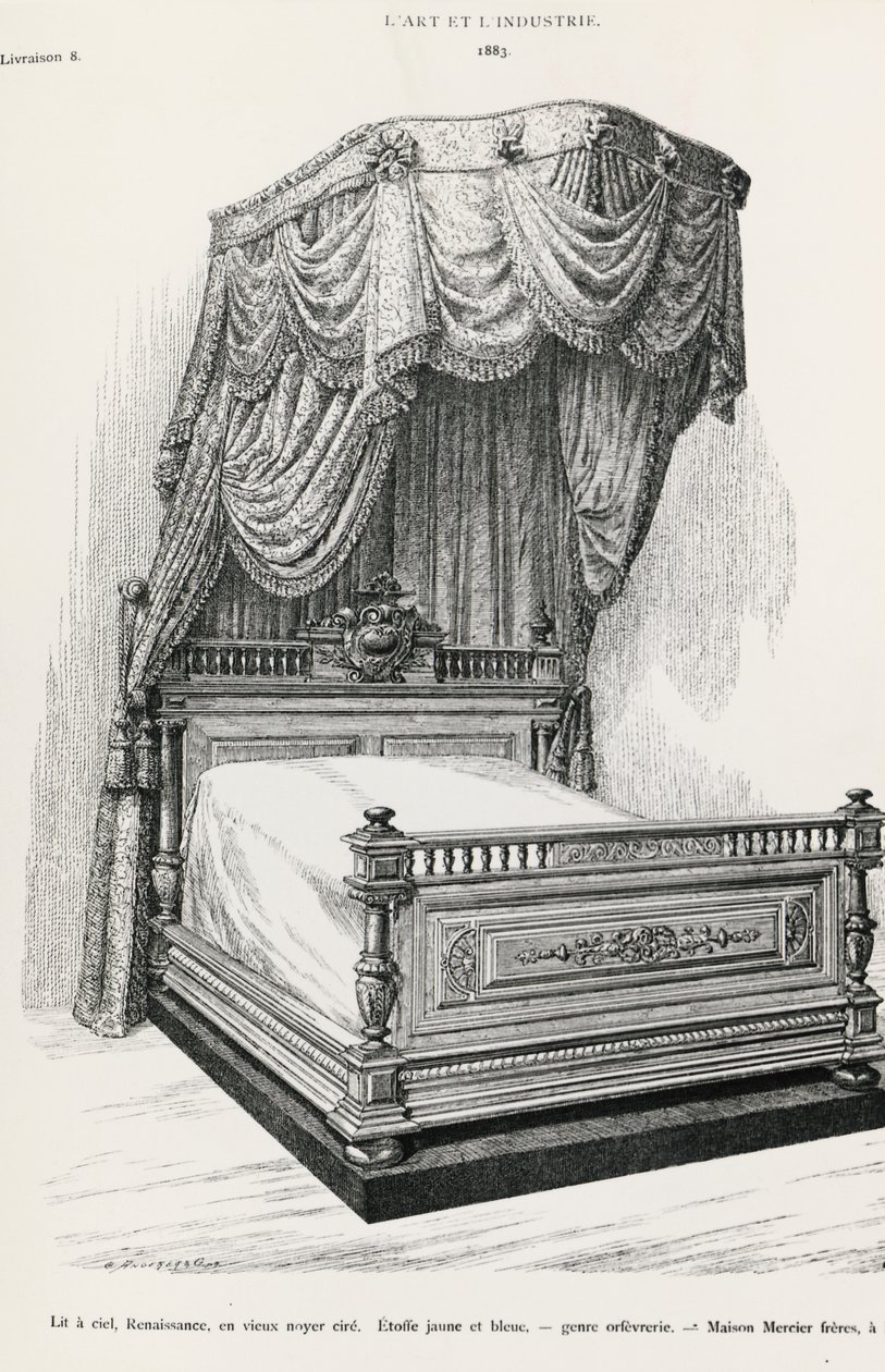 Canopy cama, por Mercier Freres, Paris, ilustração de L