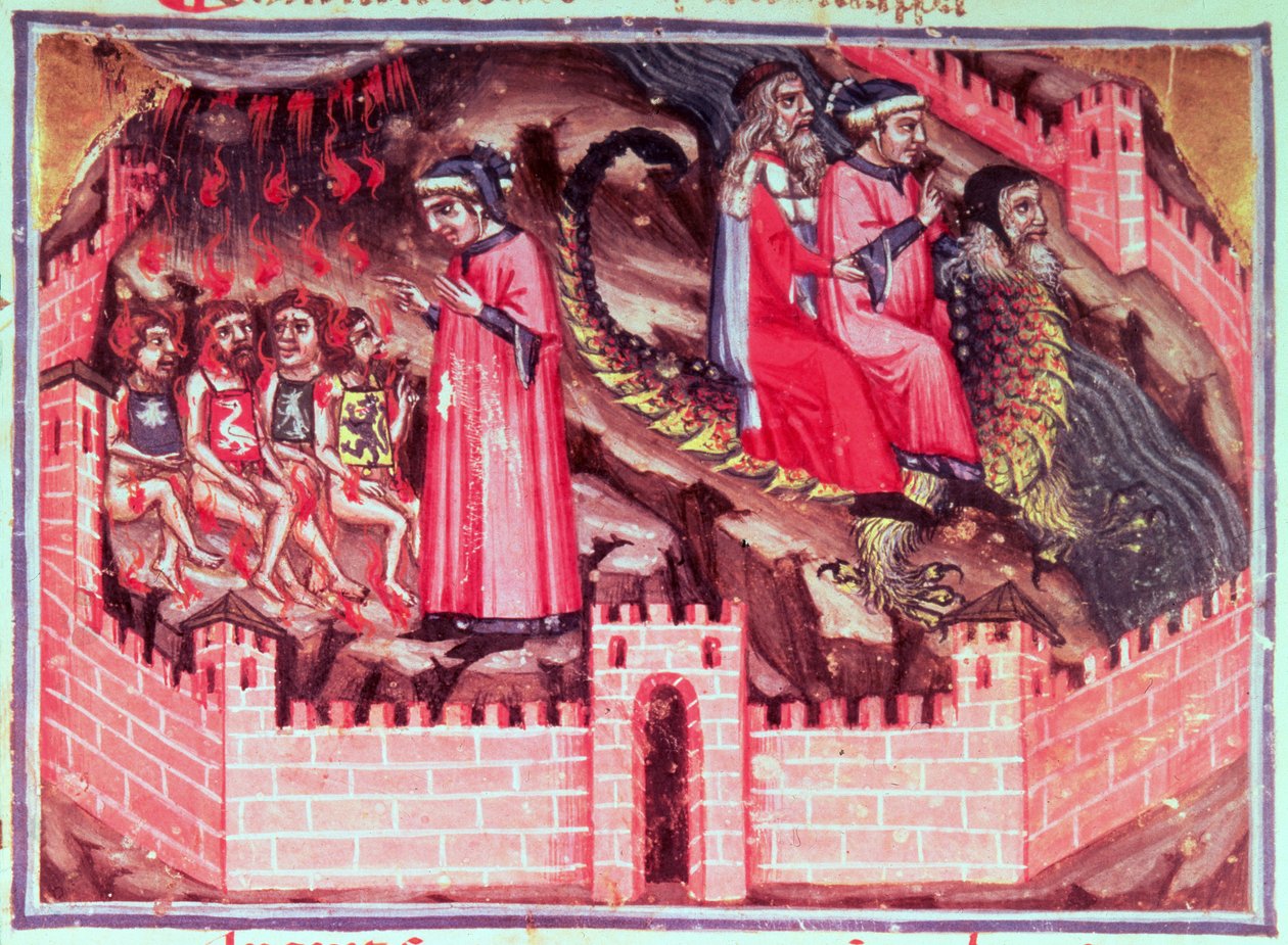 Canto XVII Quatro sodomitas: Dante e Virgil cavalgam nas costas de Geryon até o Círculo dos Fraudulentos, da Divina Comédia (o Inferno), c.1313 de Italian School