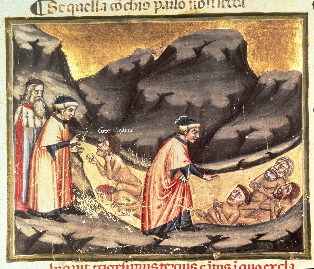 Canto XXXIII Dante e Virgílio encontram-se com Ugolino no Circulo dos Traiçoeiros, da Divina Comédia (o Inferno), c.1313 de Italian School