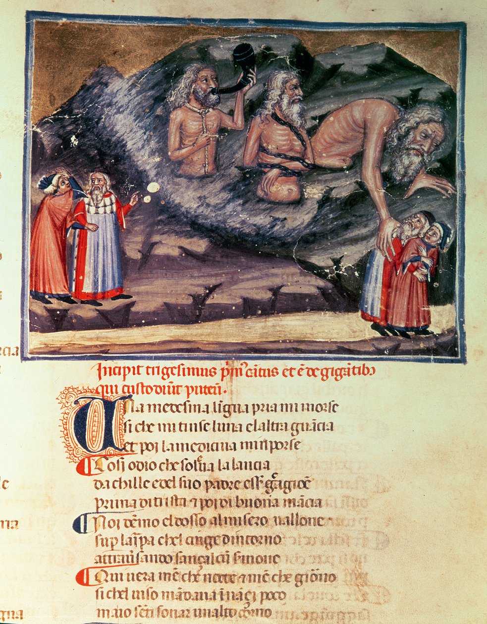 Canto XXXI Dante e Virgílio e os três gigantes do Círculo Perdido, da Divina Comédia (o Inferno), c.1313 de Italian School