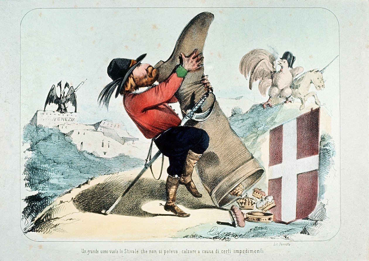 Caricatura de Giuseppe Garibaldi despindo uma bota (Itália) cheia de coroas, por Litografia Perrotta de Italian School