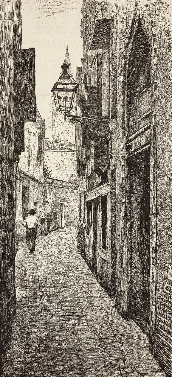 Casa de Carlo Goldoni em Veneza, Itália, gravura de desenho de A Lazzaretti, de L