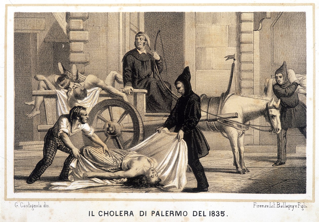 Carrinho a recolher os mortos durante a epidemia de cólera em Palermo, em 1835. de Italian School
