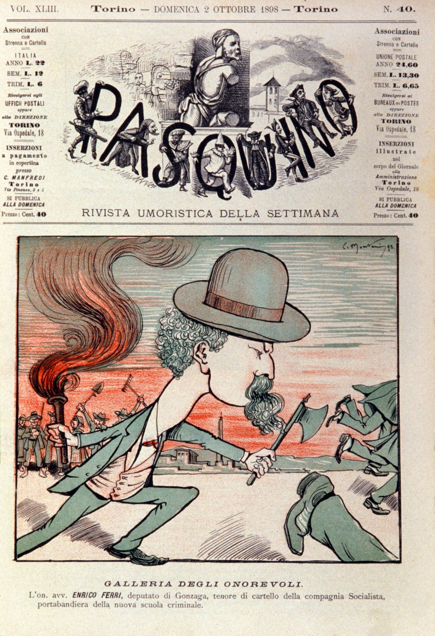 Retrato animado de Enrico Ferri (1856-1929) criminólogo e militante político italiano do Partido Socialista Italiano. Desenho animado em "Pasquino", 2 de outubro de Italian School