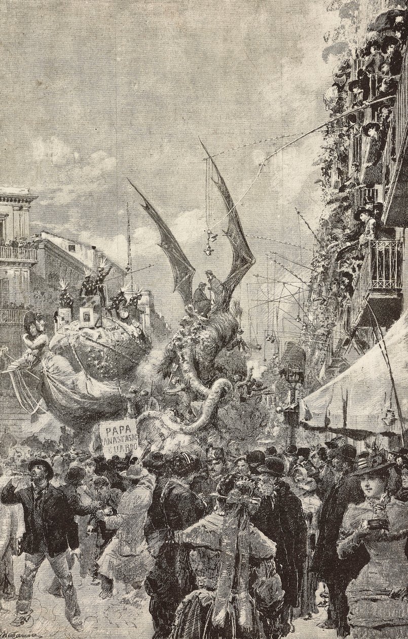 Desfile de carrinhos durante o último dia de Carnaval, Nápoles, Itália, gravura de desenho de Matania, de L