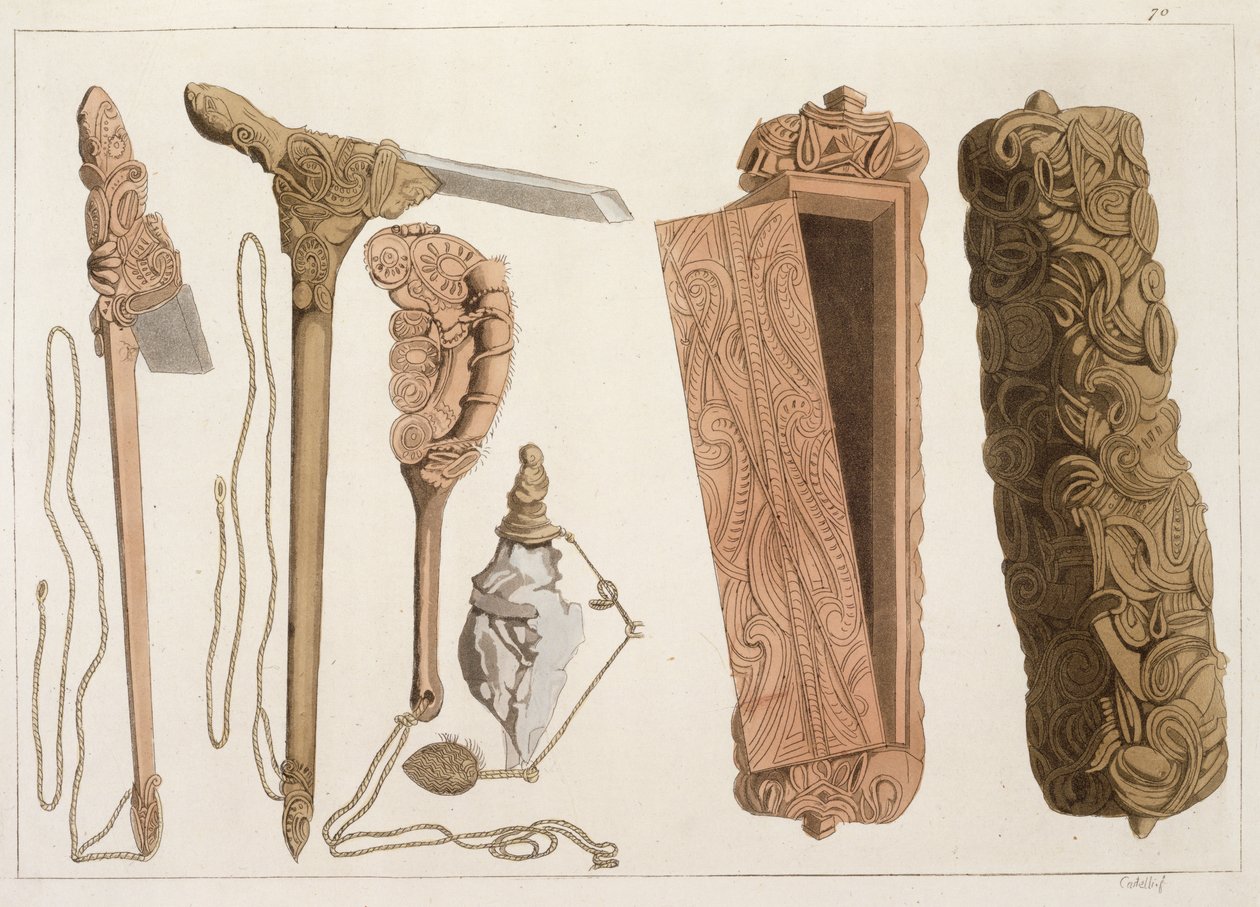 Ferramentas aborígenes esculpidas e decoradas, ilustração de uma coleção de livros de viagens do início do século XIX de Italian School