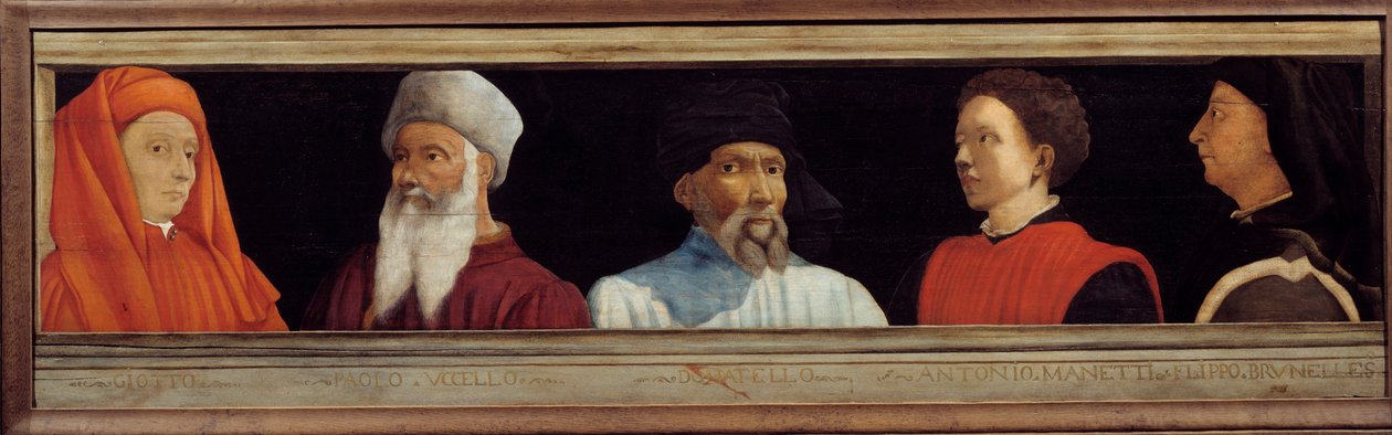 Cassone com 5 retratos do Mestre da Renascença Florentina (da esquerda para a direita Giotto di Bondone, Paolo Uccello, Niccolo Donatello, Antonio Manetti, Filippo Brunelleschi). Escola italiana do século XVI. A inscrição abaixo é provavelmente um sucesso de Italian School