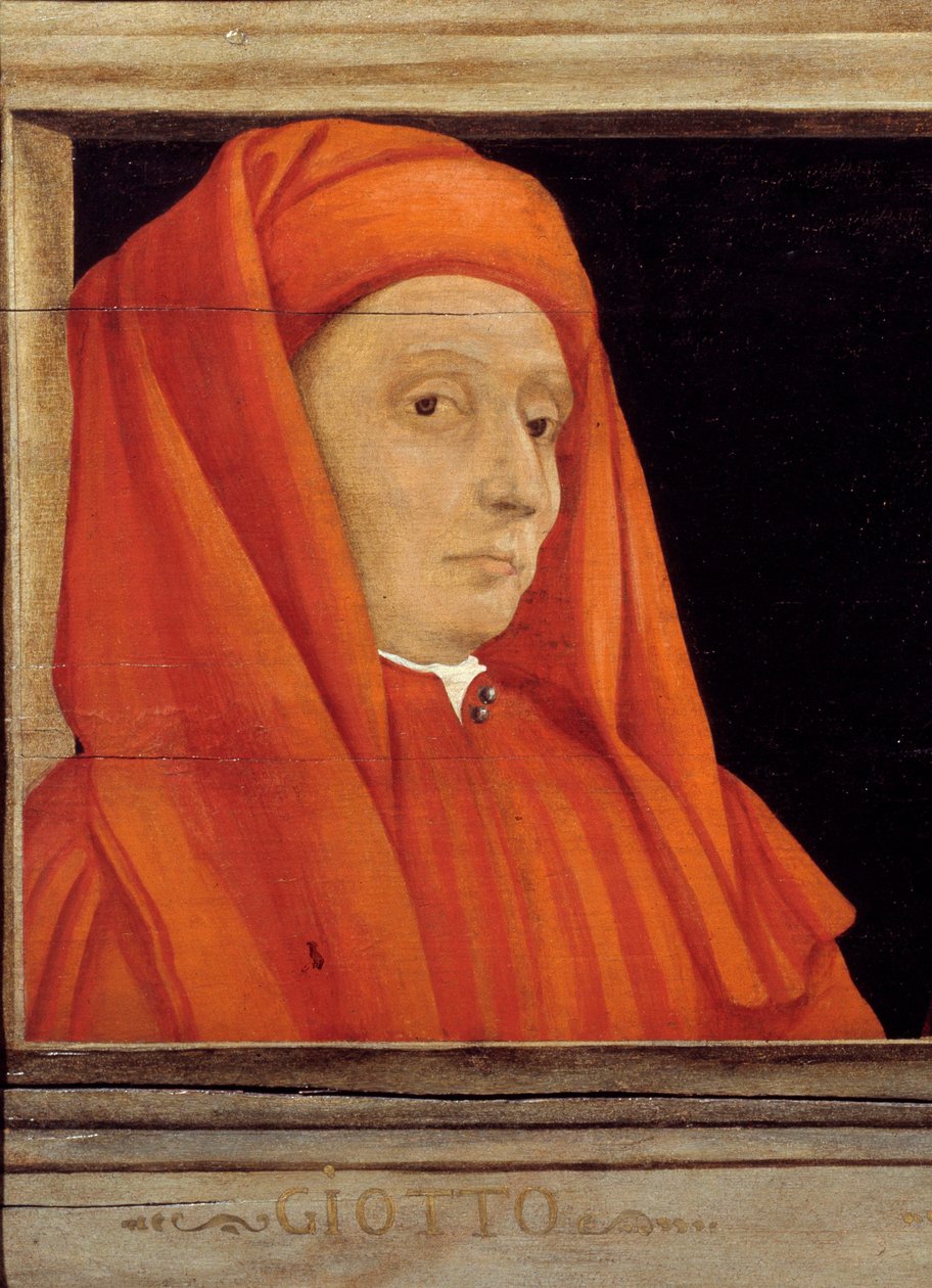 Cassone com 5 retratos do Mestre da Renascença Florentina, detalhe com o retrato de Bondone Ambrogio dit Giotto di Bondone (ca. 1267-1337), Escola Italiana do século XVI, óleo sobre madeira. A inscrição abaixo é provavelmente sucessiva. Musee d de Italian School
