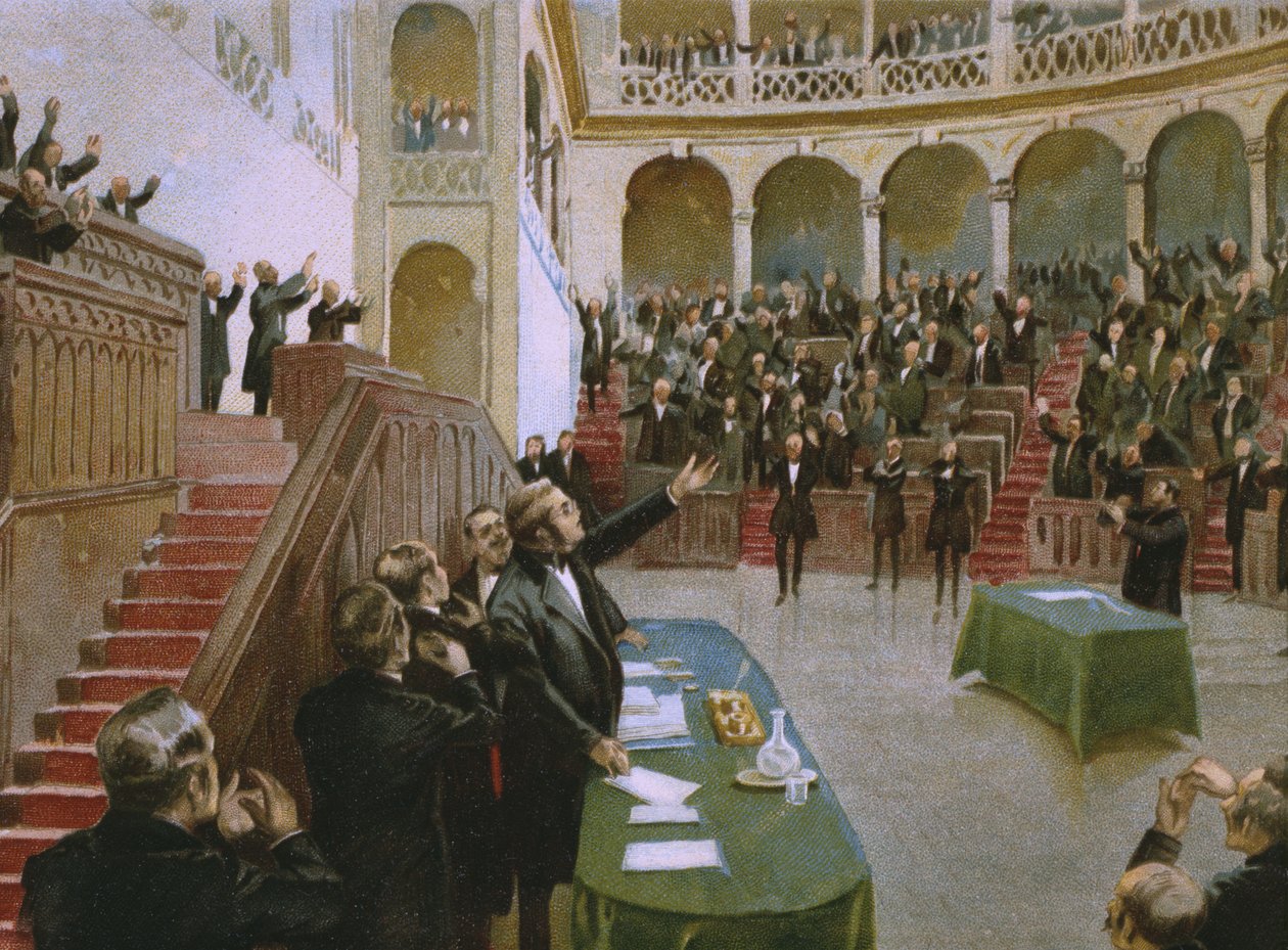 Cavour faz o primeiro parlamento nacional italiano aplaudir o rei Victor Emmanuel II (1820-1878) em 18 de fevereiro de 1861, ilustração de um álbum sobre a história do Risorgimento feito para o chocolate de Italian School