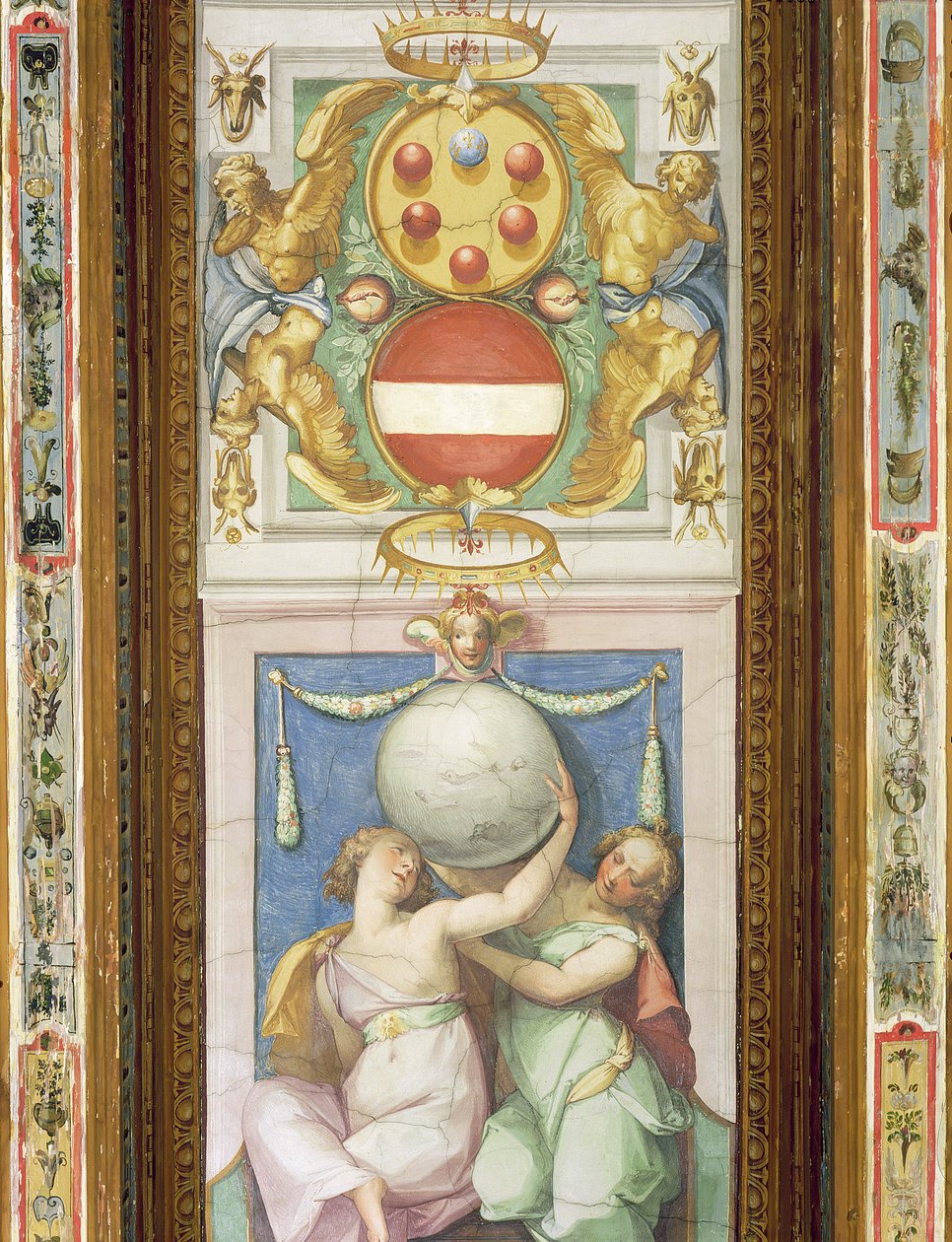 Decoração de teto representando duas figuras femininas que sustentam um globo: acima é uma representação do brasão dos Medici de Italian School