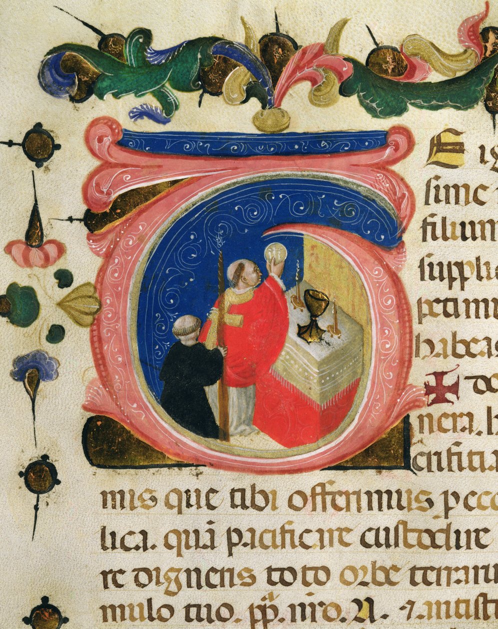 Celebração da Eucaristia, de uma Mariegola da guilda leiga de São Jerónimo, c.1400 (tinta e folha de ouro sobre vellum) de Italian School
