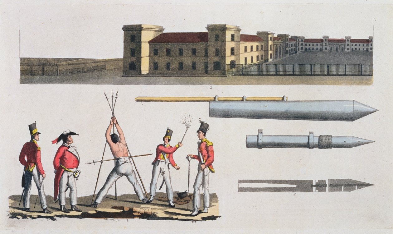 Chatham Barracks, um castigo militar chamado Triângulo e Congreve Rockets, prato 17 da História das Nações (aquatint) de Italian School