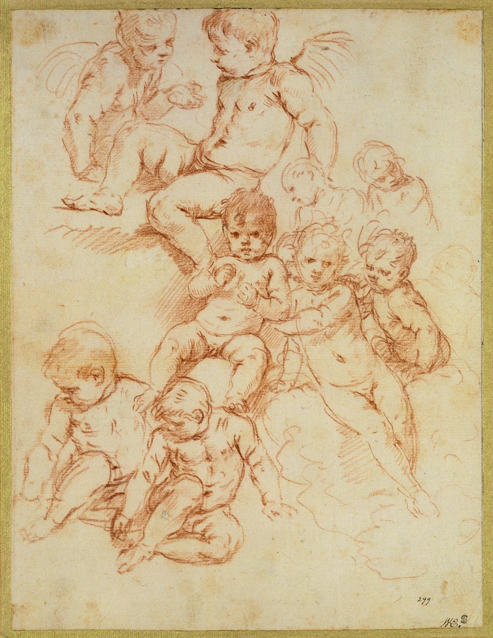 Querubins, início do século XVII (giz vermelho sobre papel) de Italian School