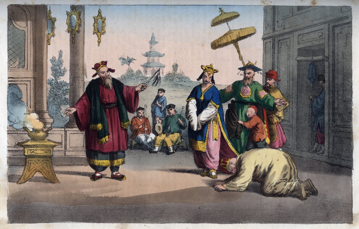 China - Uma representação teatral ao ar livre - gravura de "Usos e costumes de todos os povos do Universo". Ou História do Governo, Leis, Milícias, Religião de Todas as Nações desde os tempos mais remotos até ao dia de hoje" 185 de Italian School