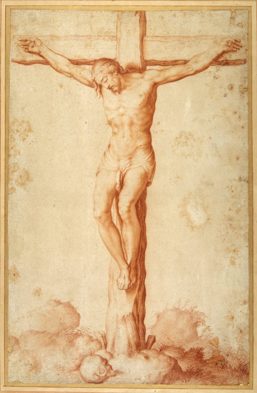 Cristo Crucificado no Gólgota (giz vermelho no papel) de Italian School