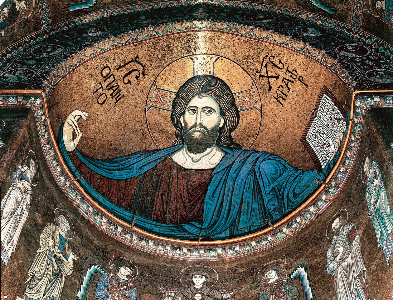 Cristo pantocrator ou Cristo em Glória, decorando a abside da catedral de Monreale, Sicília, Itália de Italian School