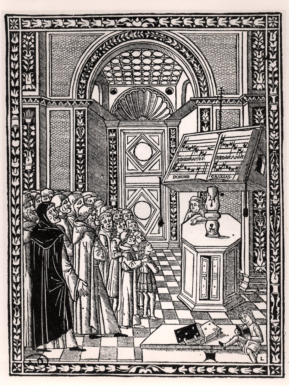 Coro da igreja, ilustração da Practica Musicae de Franchino Gaffurio (1451-1522), publicada em Veneza 1512 de Italian School