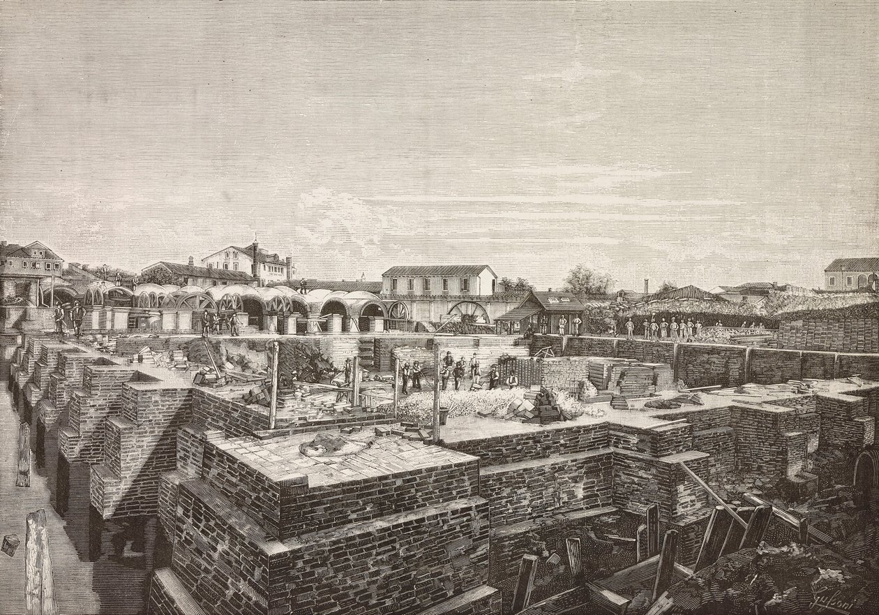 Cisterna do novo aqueduto em Veneza, Itália, gravura de desenho de Gussoni, de L