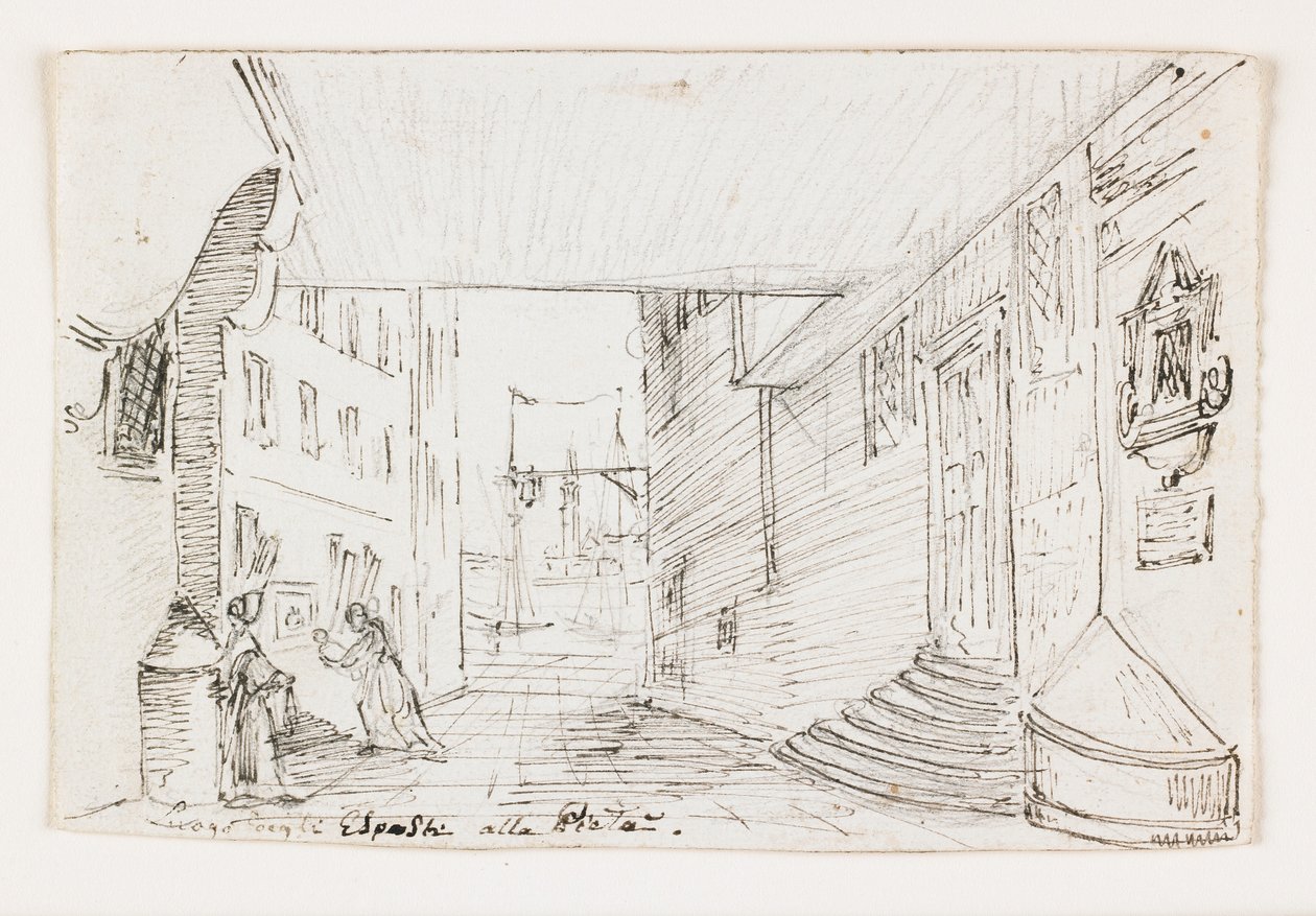Rua da cidade de Gênova, com o farol e o porto ao fundo, início do século XIX (caneta e tinta marrom sobre giz preto) de Italian School