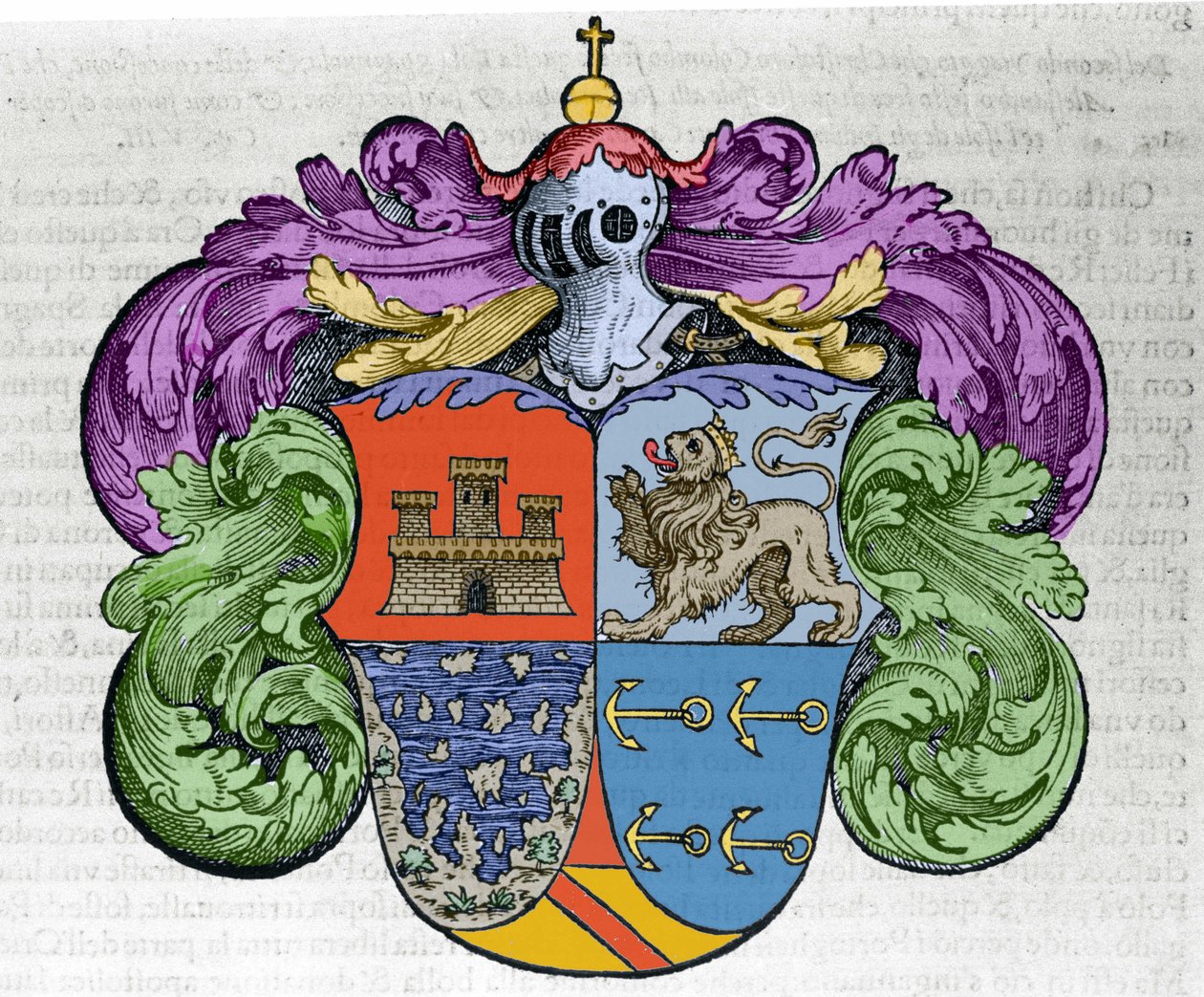 Brasão do navegador Cristóvão Colombo (1451-1506): as quatro partes do ecu representam no topo a cidade de Castela e Leão, abaixo das ilhas descobertas e os símbolos das âncoras dos admiradores. Gravura do livro "Navigationi e Viaggi". de Italian School