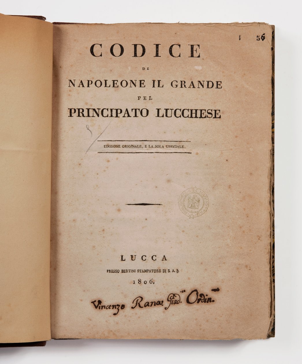 Código de Napoleão, o Grande, para o principado de Lucca, primeira edição oficial, Lucca, Presso Bertini, 1806, e o código rural para os principados de Lucca e Piombino, Lucca, pe. Bertini, 1807 de Italian School