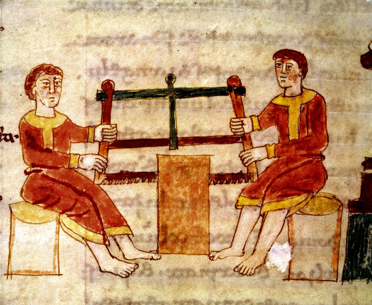 Códice 132 Livre 14 Chap.25 Dois Homens Serrando Madeira, de De Universo de Rabanus Maurus (c.780-856) 1023 de Italian School