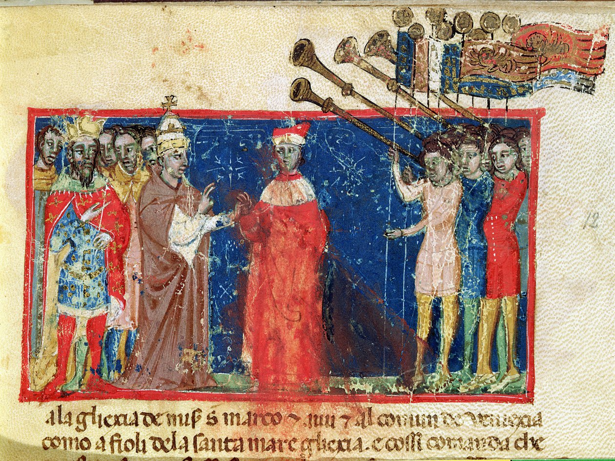 Códice Correr I 383 Doge Sebastiani Ziani recebe uma petição do papa Alexandre III (1159-81) e do imperador Frederico Barbarossa (c.1123-90) de Italian School