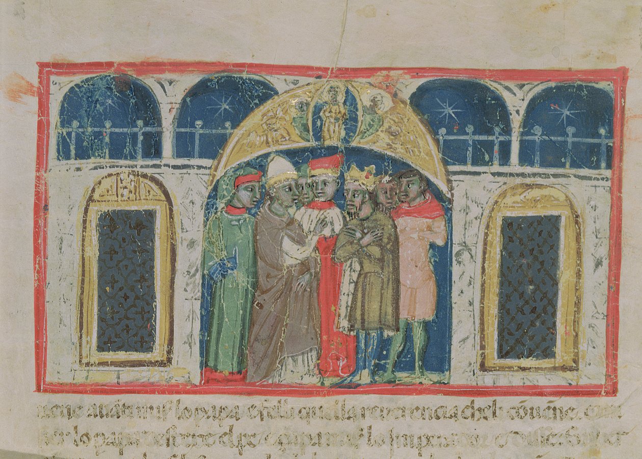 Codex Correr I 383 A paz entre o Papa Alexandre III (1159-81) e o Imperador Frederico Barbarossa (c.1123-1190) na Praça de São Marcos (velino) de Italian School