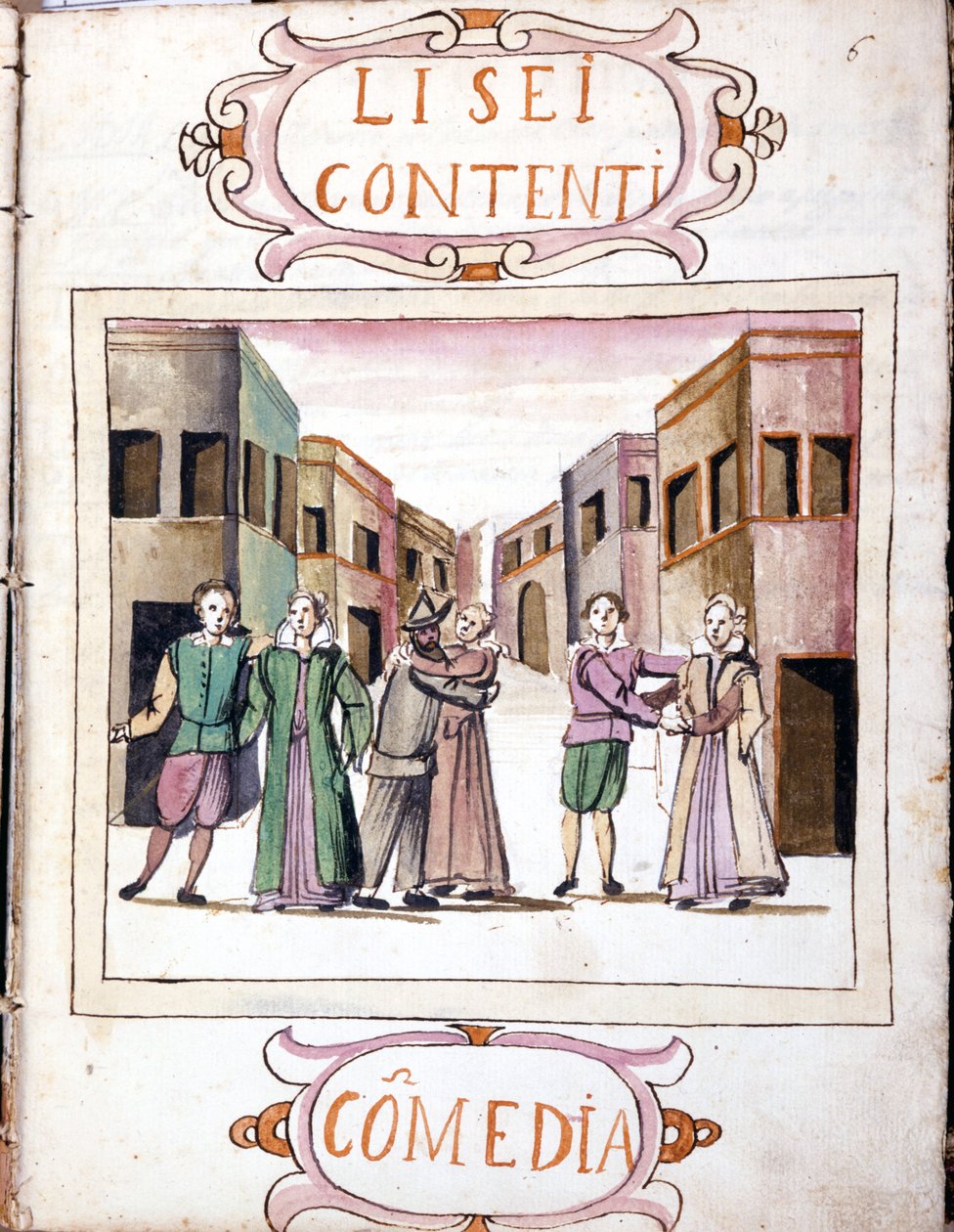 Comédia de Li sei contenti após o volume manuscrito de "Scenari dei più scelti istrioni" (1621 - 1643). Roma, Accademia dei Lincei. de Italian School
